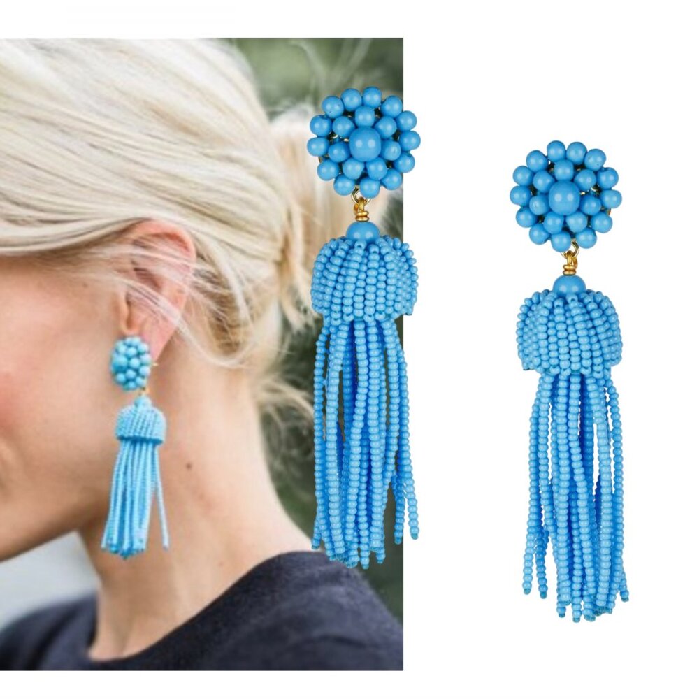 LISI LERCH Beaded Tassel Earrings post back turquoise blue
